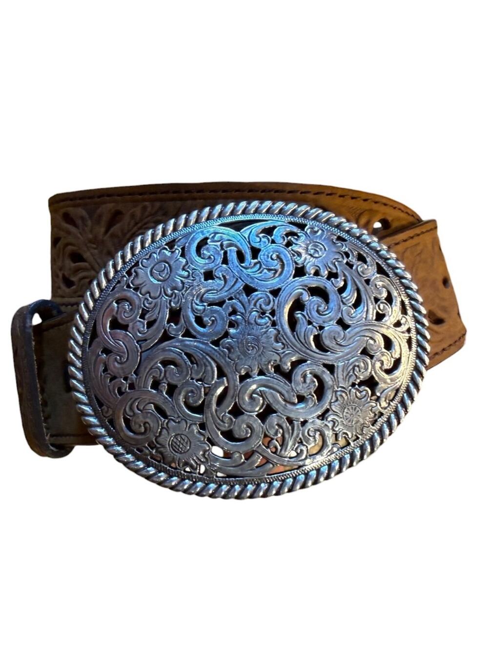 Tony Lama Size 26 Tooled Leather Belt with Filigree Silver-Tone Oval Buckle